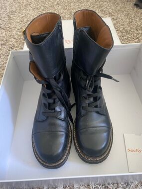 See by Chloé Black Leather Lace-Up Combat Boots